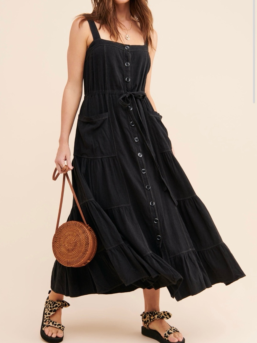 Free People Black Button-Front Tiered Maxi Dress - Women's